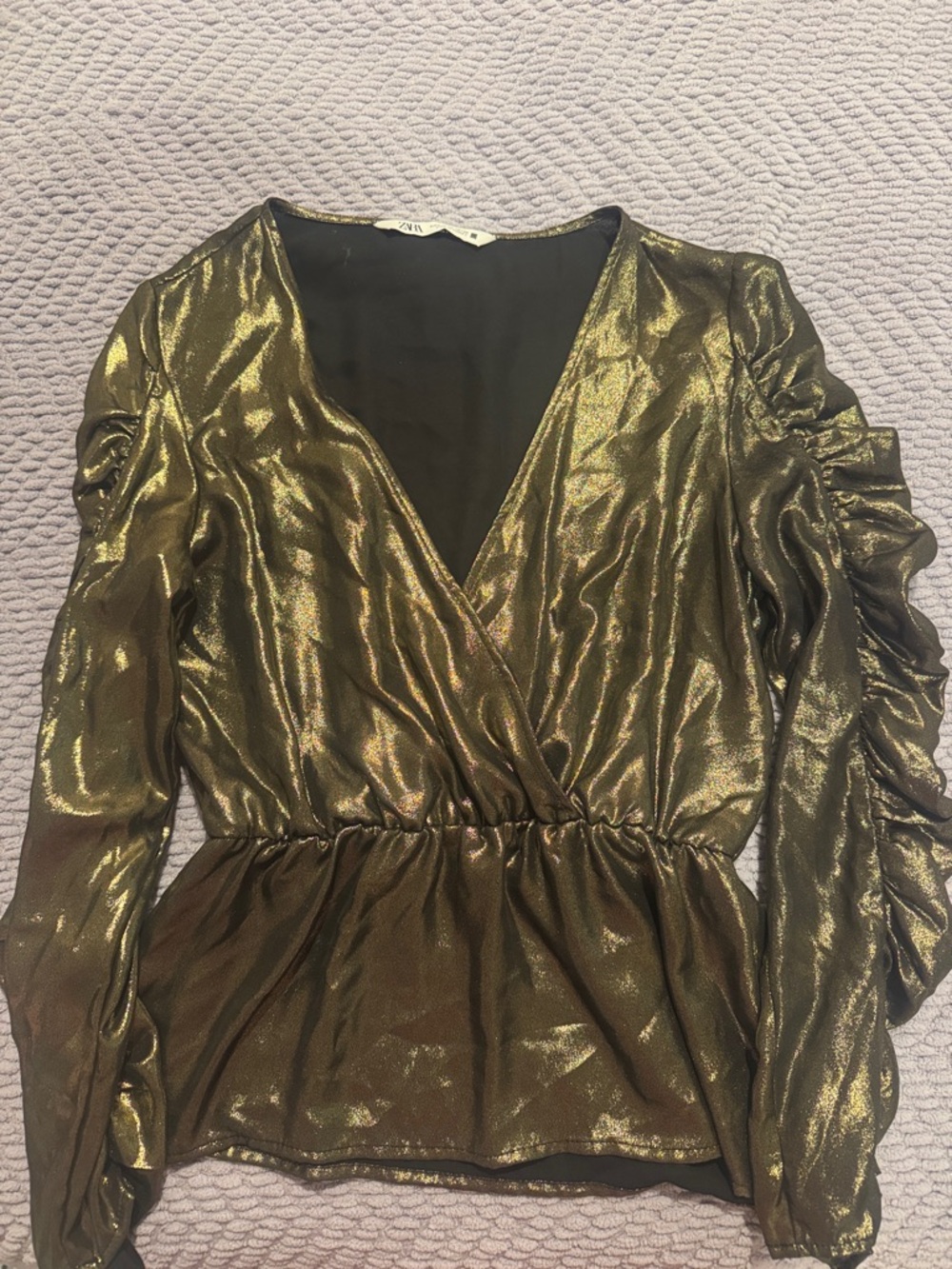 Zara Metallic Gold Surplice Long Sleeve Peplum Dress